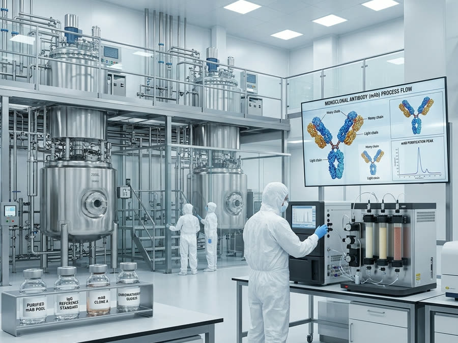 A modern biomanufacturing facility with stainless-steel bioreactors