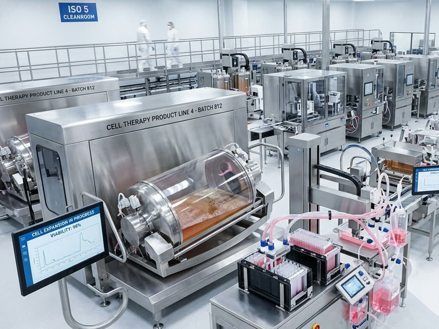 A cleanroom production suite with closed bioreactors and fluid-handling lines
