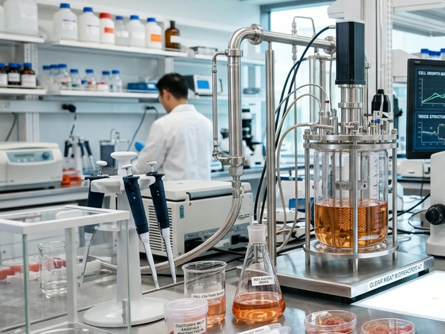 A stirred bioreactor beside cell-culture monitoring equipment