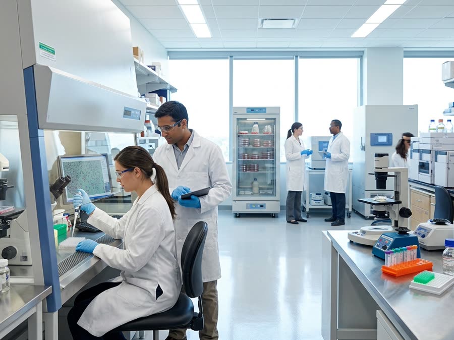 Researchers working with cell cultures in a life-science laboratory