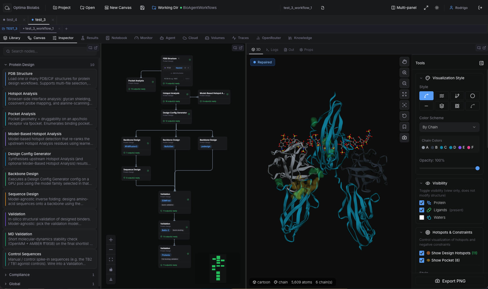 The Optima design canvas showing a branching molecular-design workflow beside a three-dimensional structure viewer